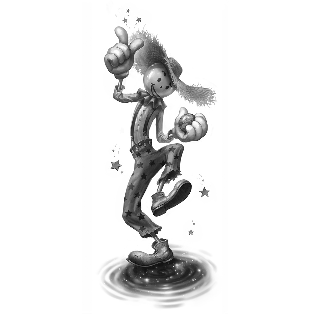 Rozul the Shadow Man alien, with a cue ball head, straw hat and clown clothes with big feet, holding the planet earth in his hand and surrounded by star power and standing on a portal