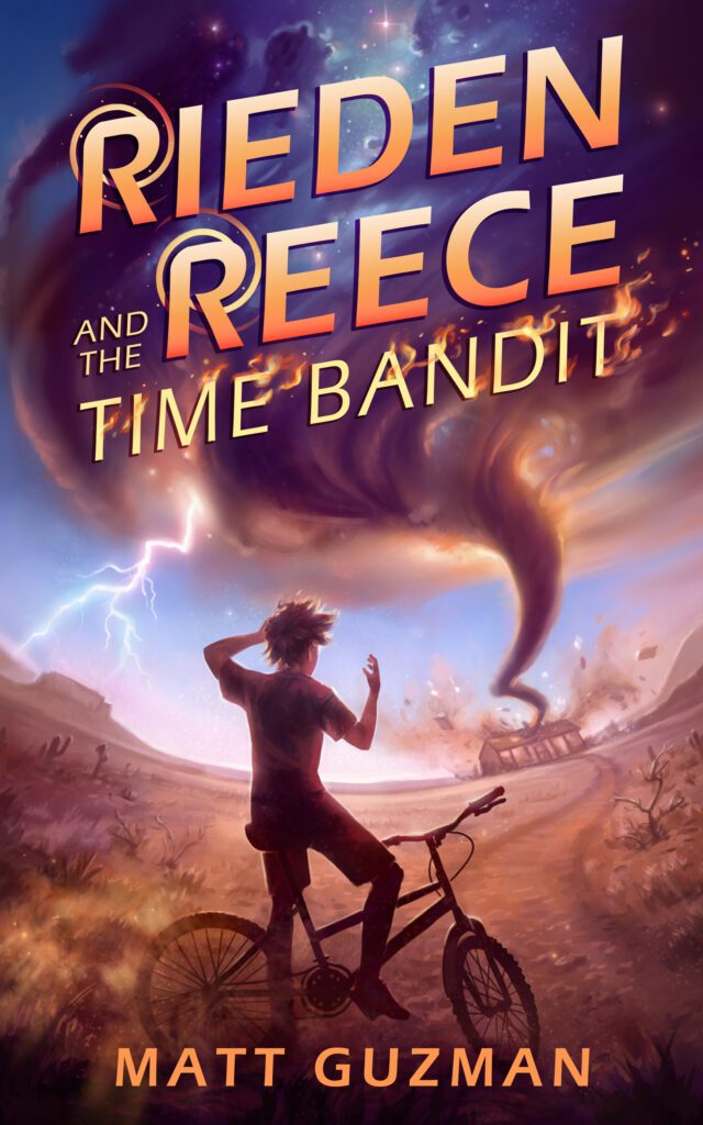 Cover for short story. Picture of a thirteen-year-old boy on a bicycle who is witnessing an amazing tornado smashing through a Greenhouse in the desert distance.