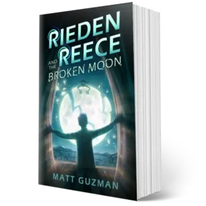 3D paperback cover of Rieden Reece and the Broken Moon by Matt Guzman, featuring a boy silhouetted against a glowing, fractured moon.