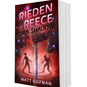 Rieden Reece and the Dark Shadow book cover by Matt Guzman, featuring Rieden Reece and his shadow split by a ninja sword, with a ninja face above and cyborg rats with glowing blue eyes surrounding them.