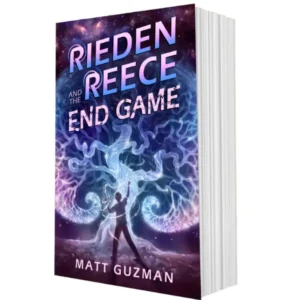 Rieden Reece and the End Game book cover by Matt Guzman, featuring a silhouetted boy standing before a glowing, tree-like energy form in a cosmic purple-blue landscape.