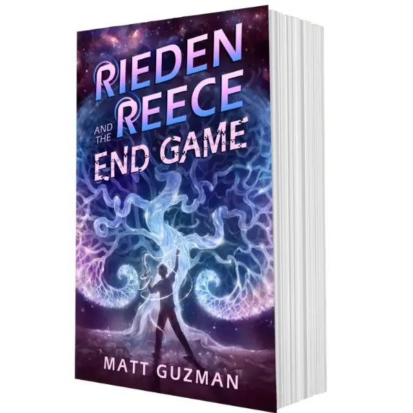 Rieden Reece and the End Game book cover by Matt Guzman, featuring a silhouetted boy standing before a glowing, tree-like energy form in a cosmic purple-blue landscape.