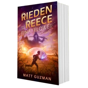 Rieden Reece and the Final Flower book cover by Matt Guzman, featuring a hooded Plague Doctor with glowing eyes and a scythe against a fiery alien sky.