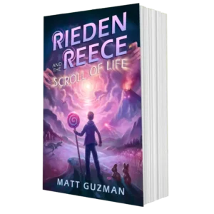 Rieden Reece and the Scroll of Life book cover by Matt Guzman, featuring Rieden Reece standing before a candy world with chocolate bunnies and candy dinosaurs, holding a giant lollipop like a sword.