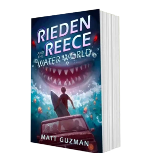 Rieden Reece and the Water World book cover by Matt Guzman, featuring a boy holding a surfboard before a gigantic, red-eyed sea monster with sharp teeth amid crashing waves.